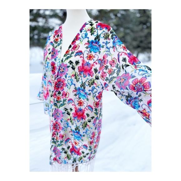 Japna Lounge Flocked Floral Duster Rainbow Sheer Burnout Fringe Kimono Sleeve S - Picture 8 of 10